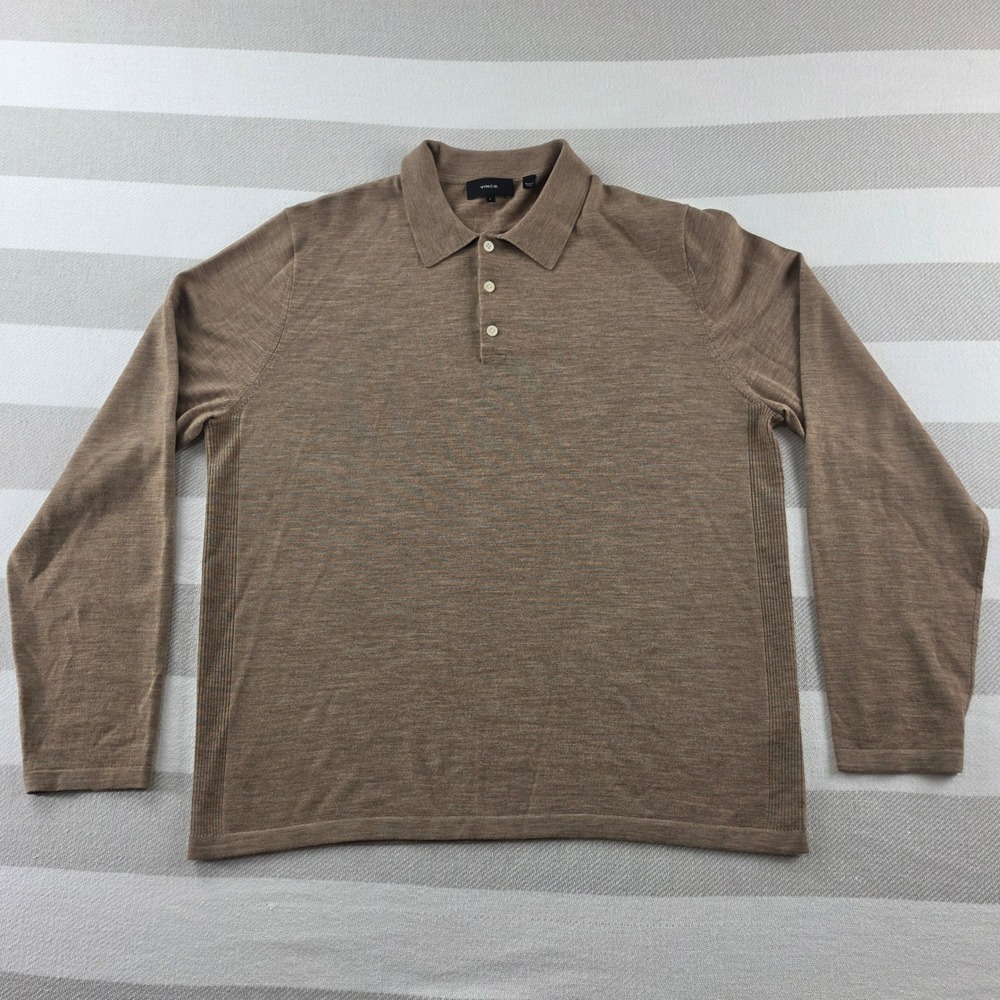 Vince Long Sleeve Polo Mens Large Tan Excellent Merino Wool Knit M76036095A